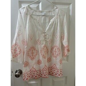 $139 J. Jill Women’s S Papaya Silk Blend Geometric Peasant Tunic Top 3/4 Sleeves